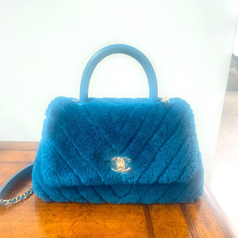 Blue Shearling Chanel Top handle bag
